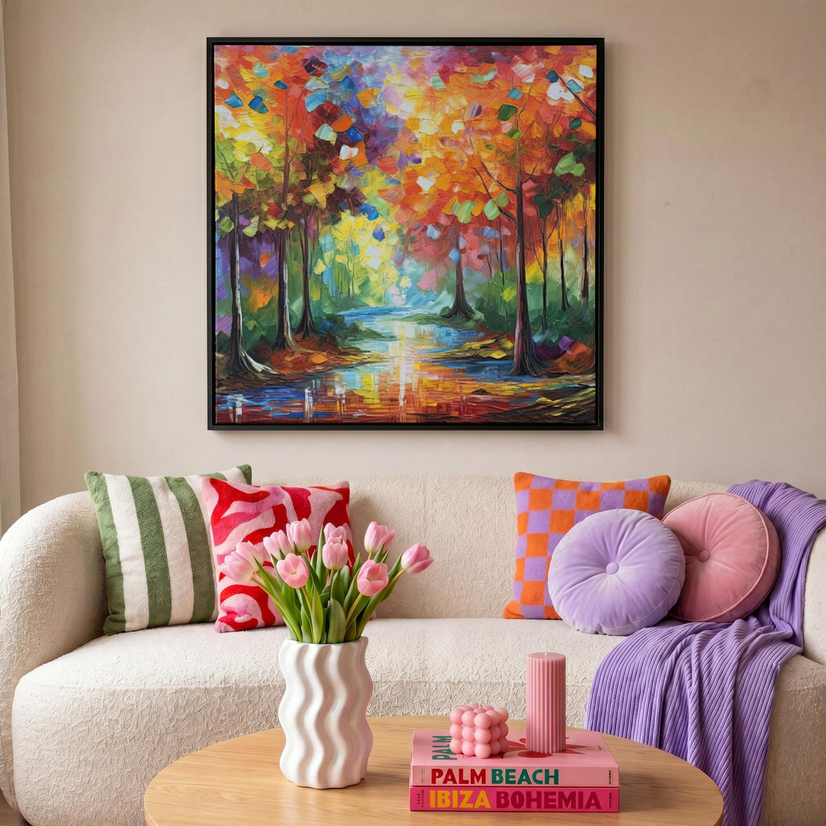 LEINWAND Bilder mit Rahmen - Landschaft - Wald - Farben - Natur - 90x90 - Multicolor, Textil (90/90cm) - MuchoWow