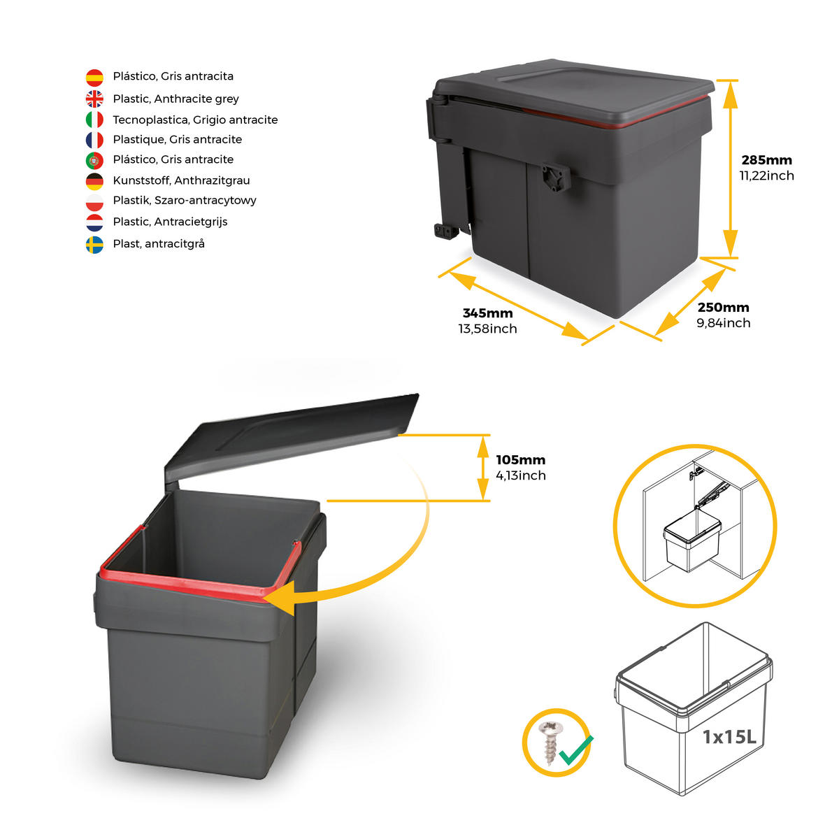 RECYCLINGBEHÄLTER zur Befestigung an der Möbeltür, 1 ausziehbarer 15 Liter Becher, Kunststoff anthrazitgrau - Anthrazit, Kunststoff (25/29/34.5cm) - EMUCA