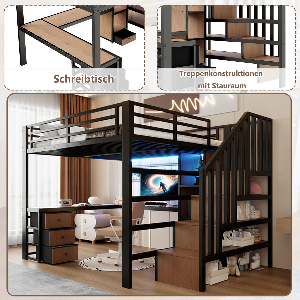 HOCHBETT 140/200 cm in Schwarz mit 4 Schubladen, LED, Schreibtisch und Ablage Metall Kinderbett - Schwarz, Holzwerkstoff/Metall (140/200cm) - STILVORA