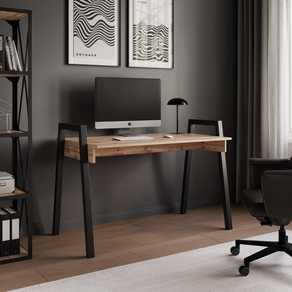 SCHREIBTISCH NOVO 120/68/82 cm, Schwarz / Wotan-Eiche - Eiche Wotan/Schwarz, Holzwerkstoff/Metall (68/120/82cm) - Idohome