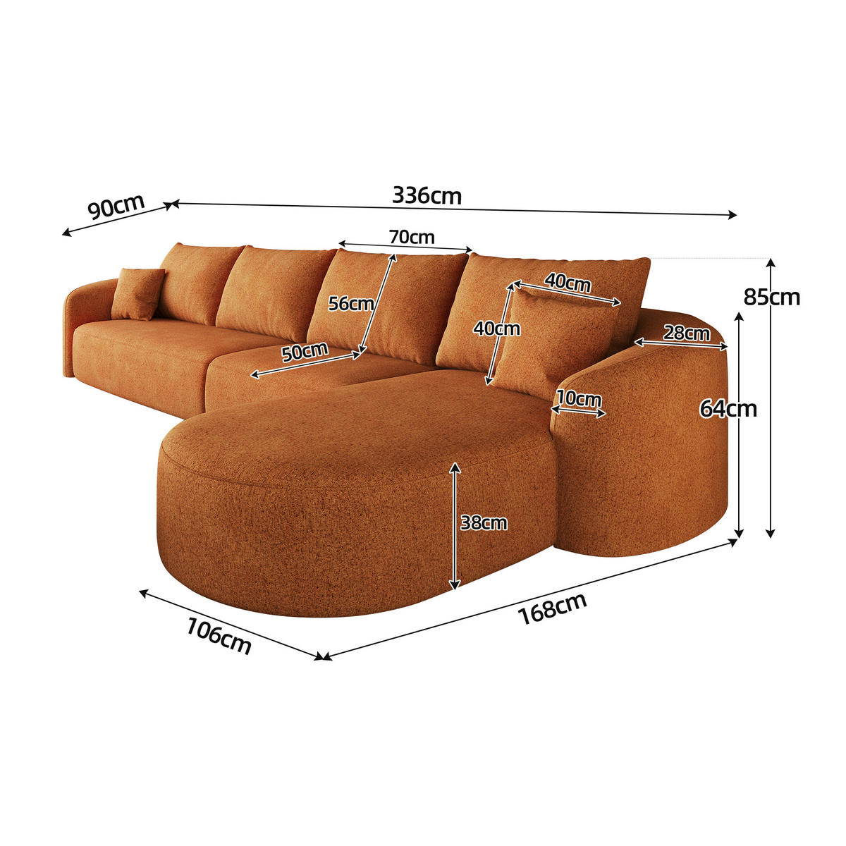 ECKSOFA 3-Sitzer 336 cm Rechts L-Form ohne Montage, DE-34817, Orange - Orange, Textil (336/168cm) - ComfortXL