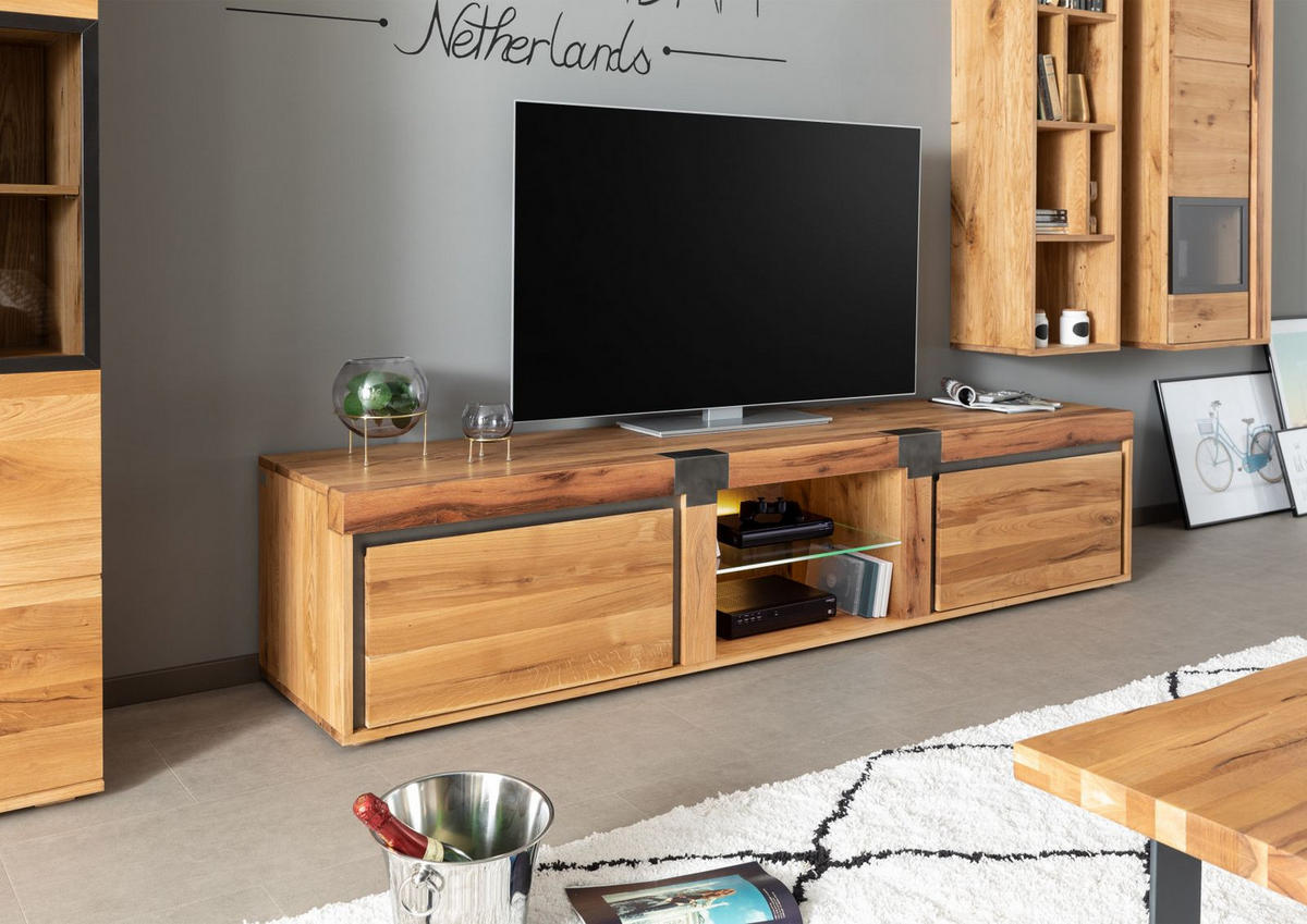 TV-BOARD Wildeiche / Zerreiche 220x48x50 natur geölt NEW AMSTERDAM #03 - Naturfarben, Holz (220/50/48cm) - Massivmoebel24