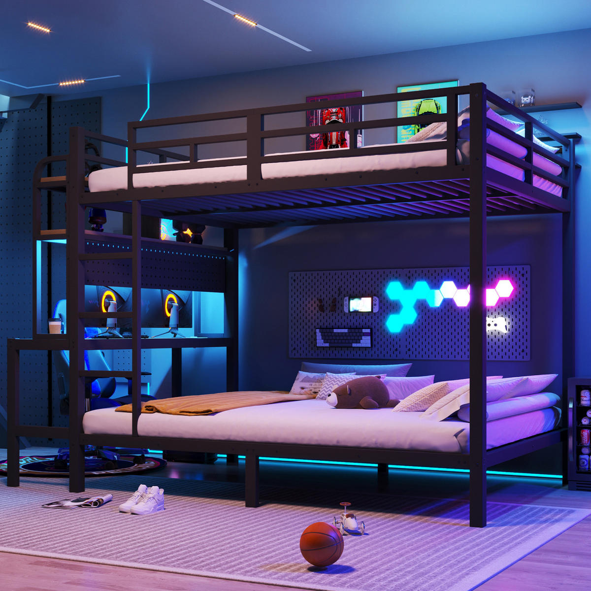 ETAGENBETT 140/200 cm Schwarz mit LED, USB-Anschluss und Schreibtisch - Schwarz, Metall (140/200cm) - MIVRAY