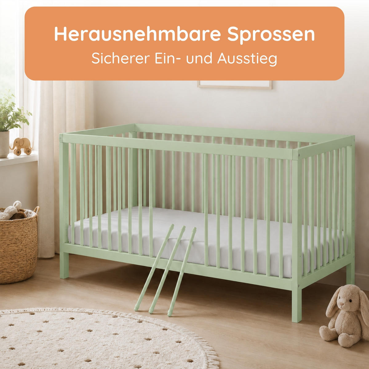 BABYPOSTÝLKA s poloviční boční zábranou 60x120 cm v zelené barvě - zelená barva, dřevo (60/120cm) - Kids Collective