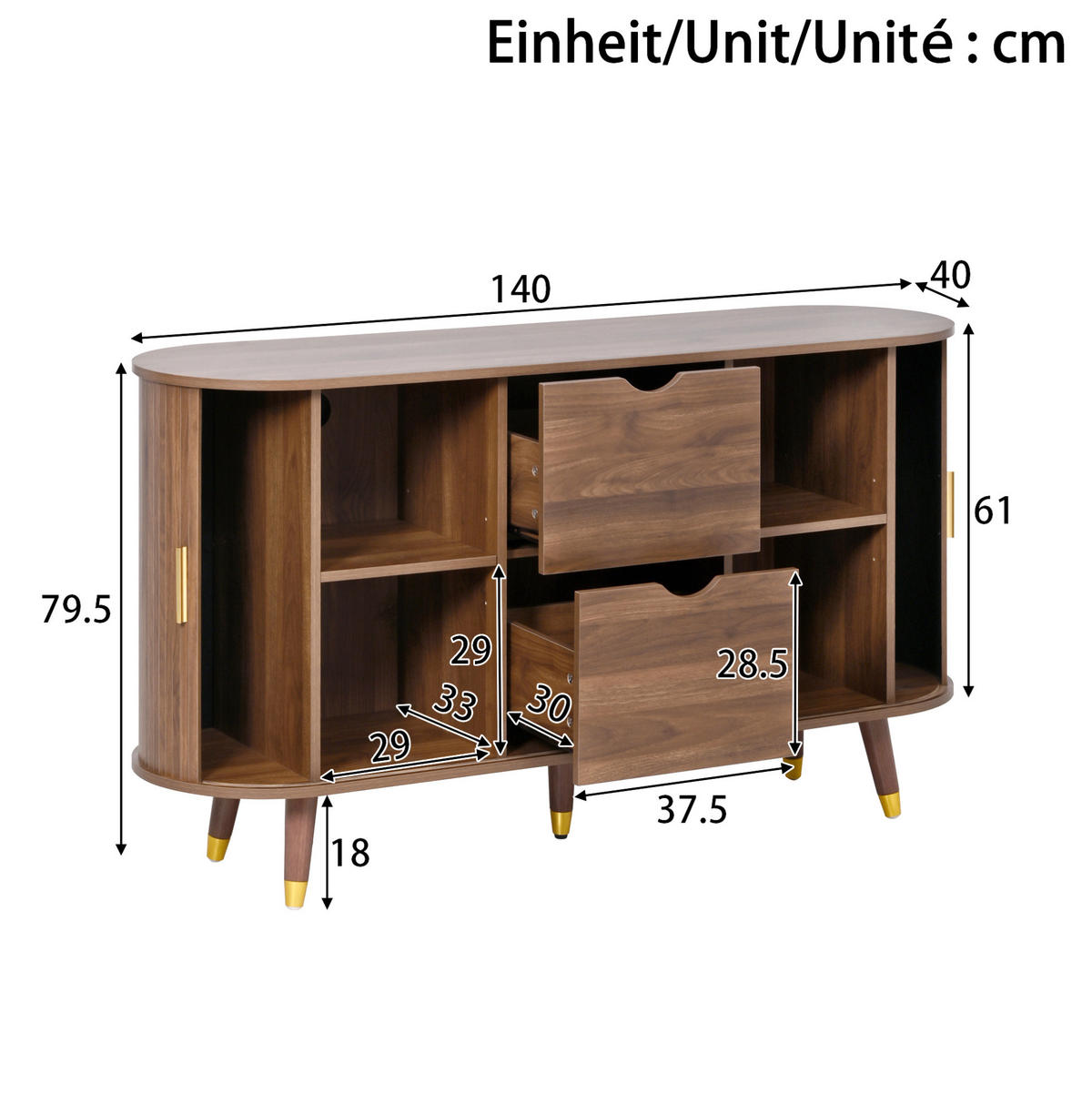 KOMMODE 140/40/79,5 cm aus MDF mit 3D-Maserung und abgerundeten Ecken Nussbaum - Nussbaumfarben, Holzwerkstoff (140/79.5/40cm) - Modenvie