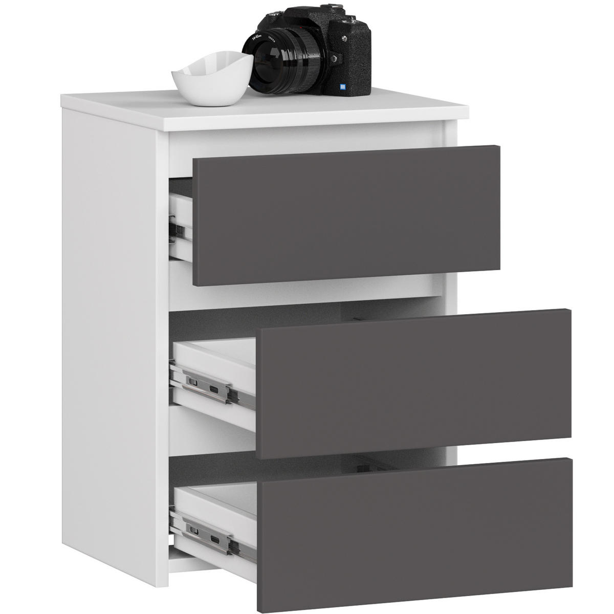 NACHTSCHRANK Weiß, Grau 40x35x57 cm - Schwarz Hochglanz/Weiß, Holzwerkstoff (40/57/35cm) - Akord
