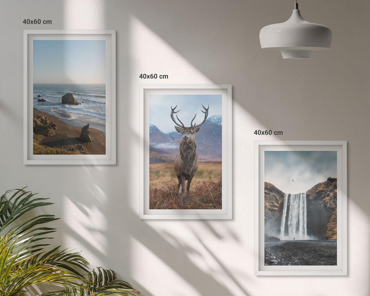 BILDER SET 3er Set - 40x60 cm Weißer Rahmen - Berglandschaften mit einem Wasserfall - Weiß, Kunststoff (40/60cm) - TULUP