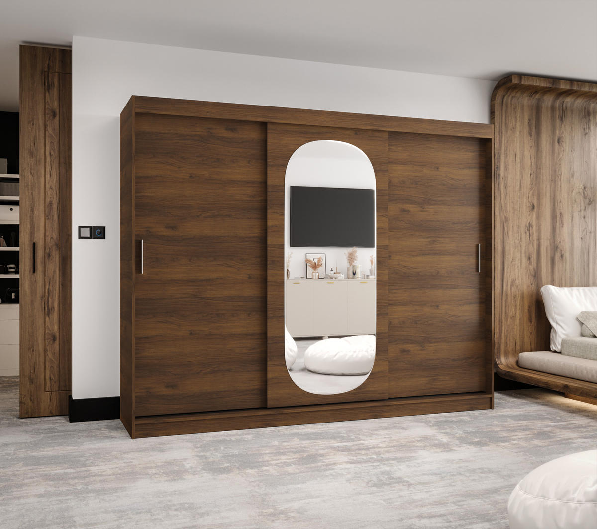 SCHIEBETÜRENSCHRANK mit Spiegel ROYAL 200/250/62 3-türig - Silberfarben/Walnussfarben, Holz (250/62/250cm) - MÖBEL KRYSPOL