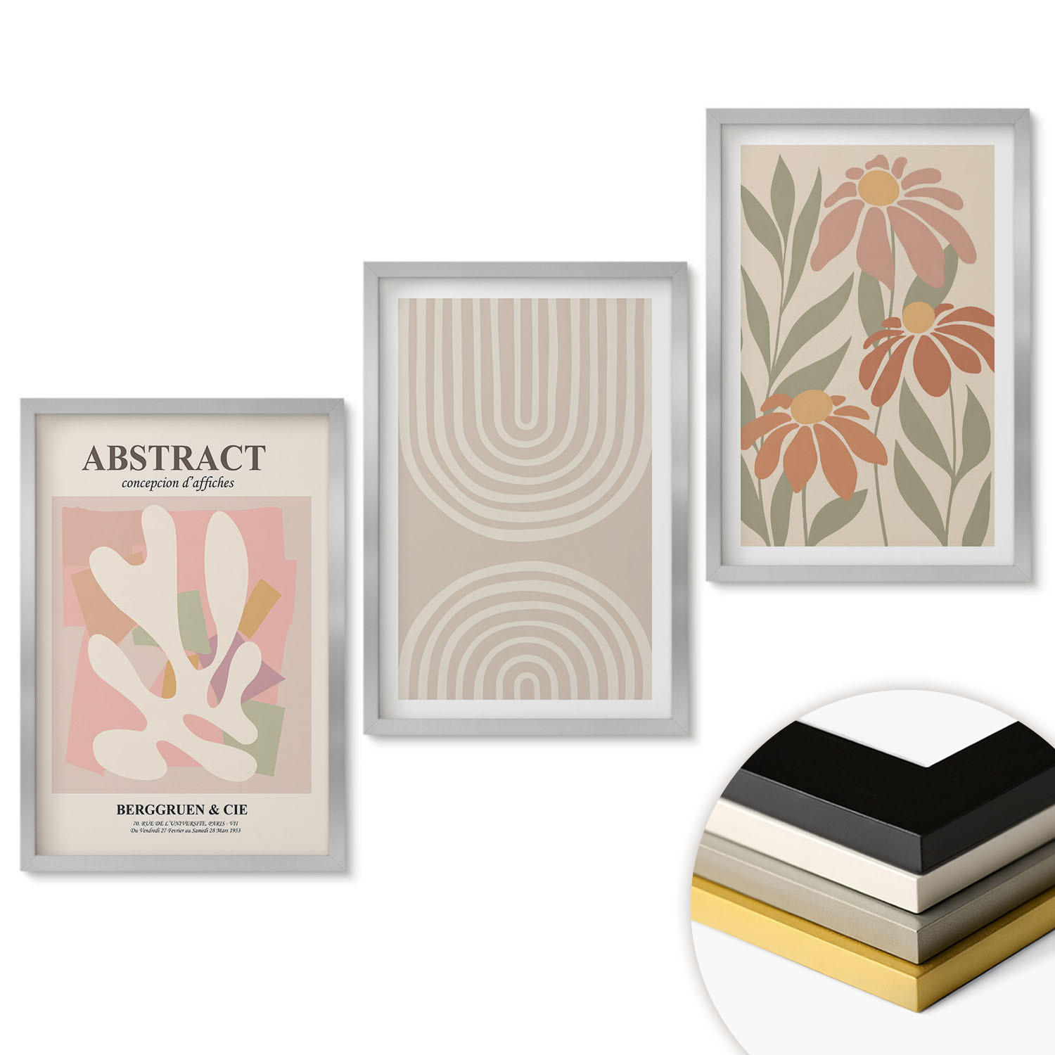 WANDBILDER 3er Set - 40x60 cm Silberner Rahmen - Abstrakte Pflanzenformen - Silberfarben, Kunststoff (40/60cm) - ArtPrintCave