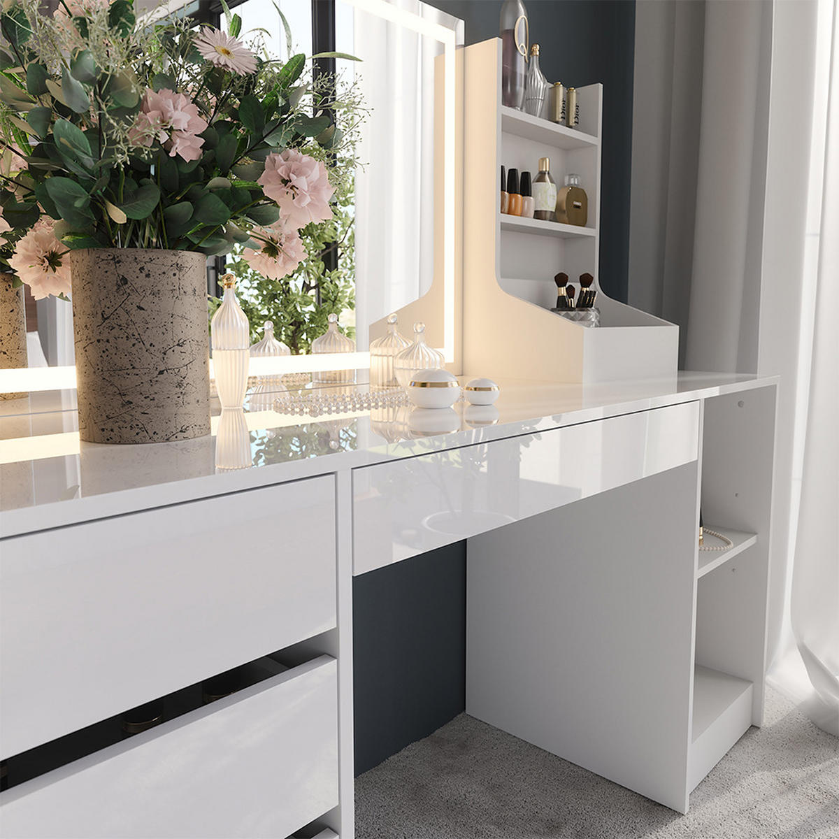 SCHMINKTISCH Sherry Weiß/Weiß Hochglanz 158.2 cm 3 Teile - Weiß Hochglanz, Holzwerkstoff (158.2/76/50.1cm) - Vicco