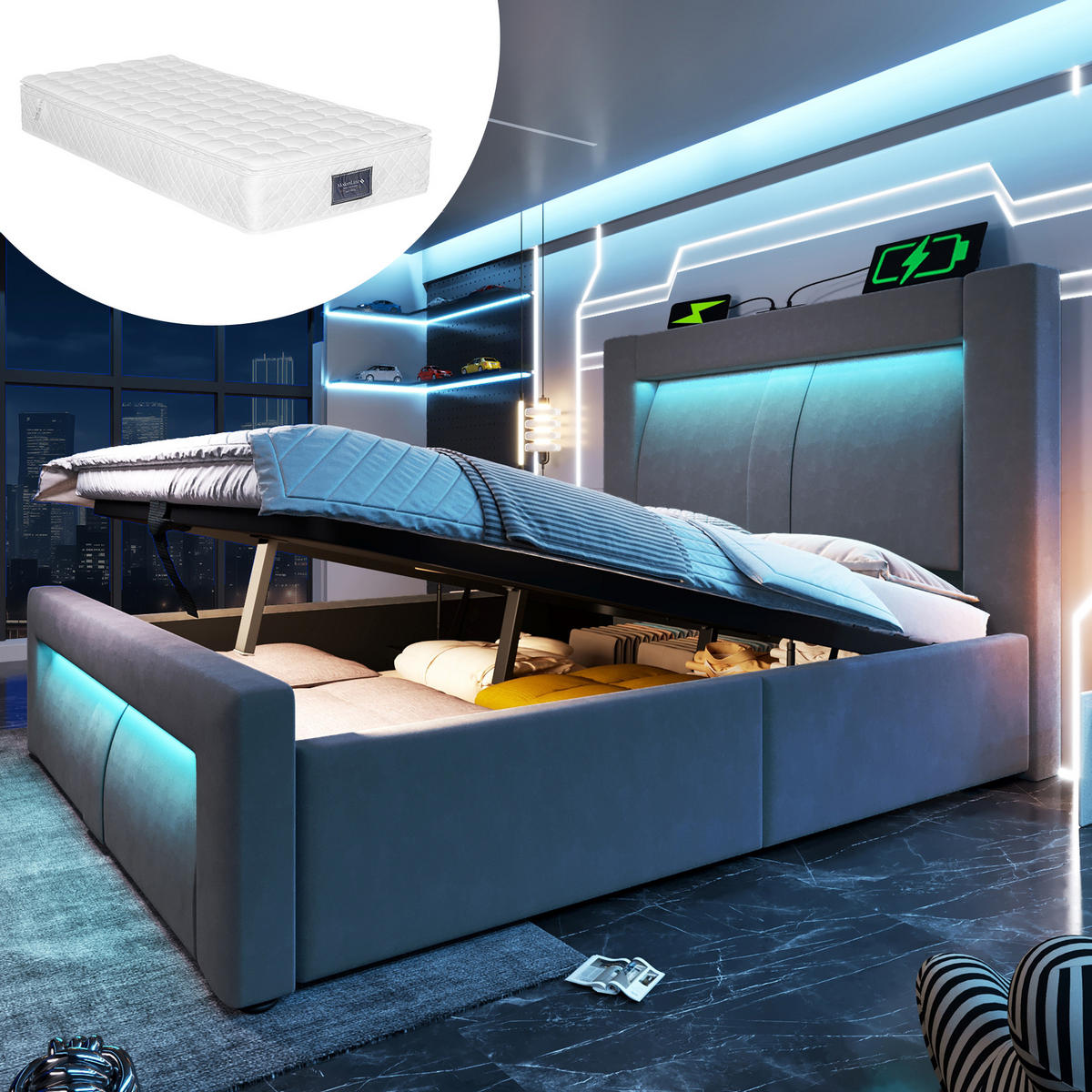 POLSTERBETT 90/200 cm Grau aus Samt mit Stauraum und LED mit Matratze - Grau, Textil (90/200cm) - OKWISH