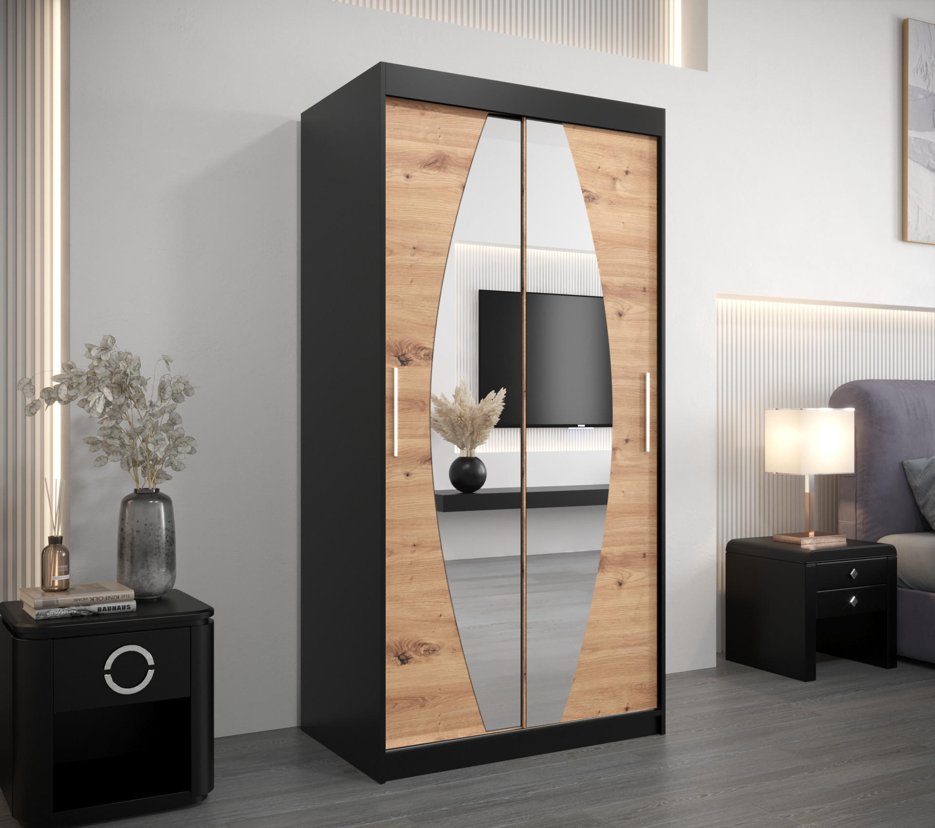 SCHWEBETÜRENSCHRANK 200/100/62 2-türig - Silberfarben/Schwarz, Holz/Kunststoff (100/200/62cm) - Abiks Möbel