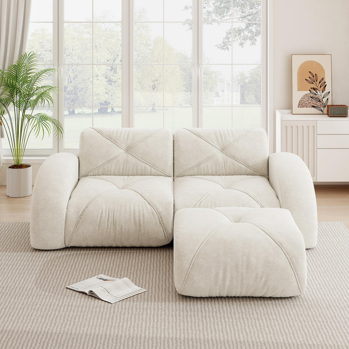 MODULSOFA 2-Sitzer mit Hocker, 32D-Schaumstoff und chenillebezogenem Komfort, Weiß - Weiß, Textil (204/76/171cm) - Redom