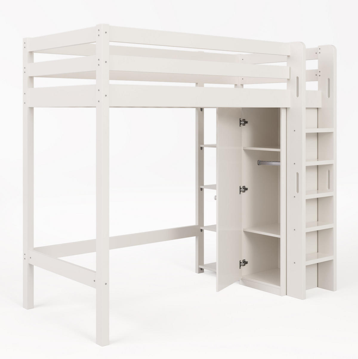 HOCHBETT 90/200 cm aus Massivholz und Holzwerkstoff mit Kleiderschrank und 6 Regalen Weiß - Weiß, Holzwerkstoff (90/200cm) - Modenvie