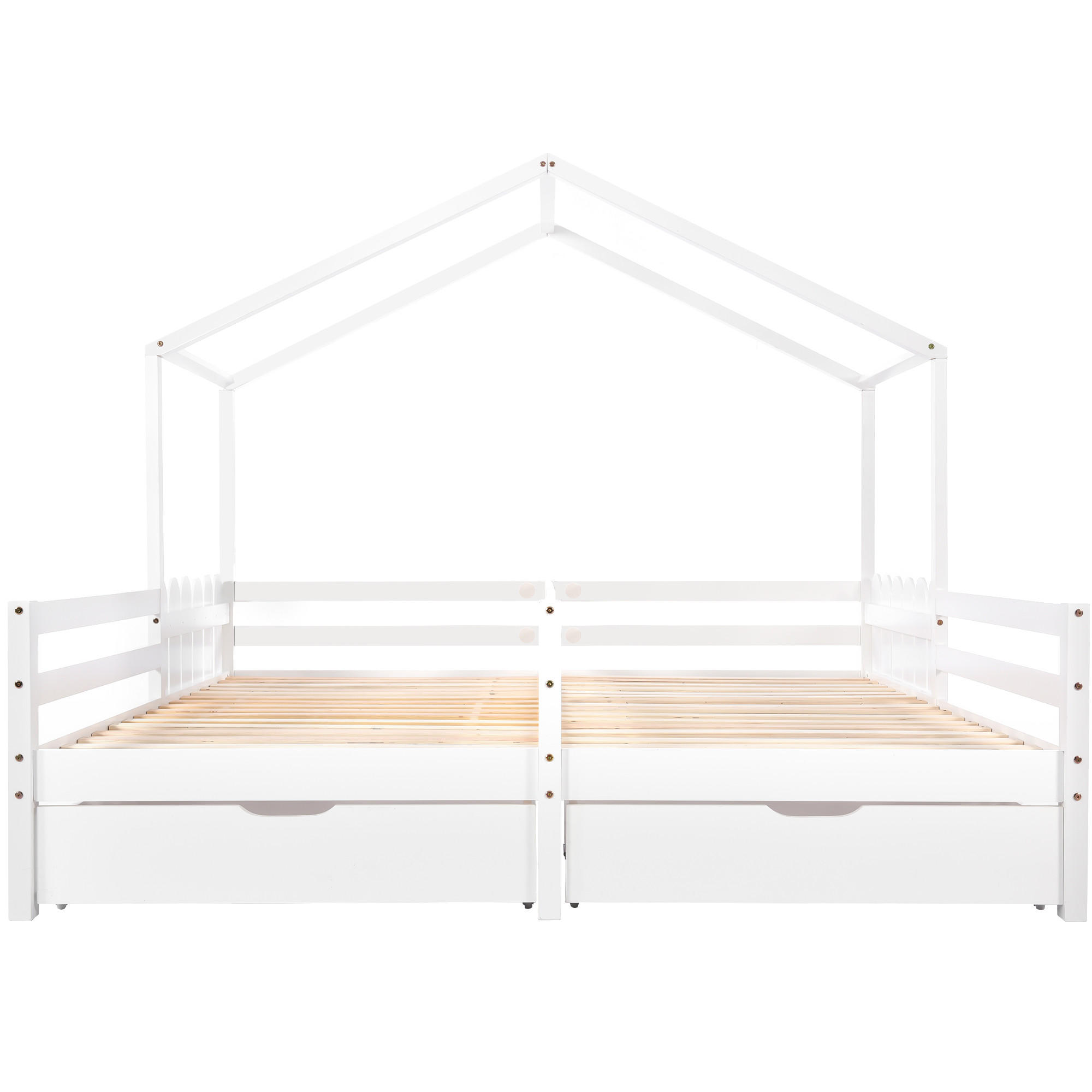 HAUSBETT 90/200 cm Weiß mit 2 MDF-Schubladen und Gitterzaun - Weiß, Holz (90/200cm) - OKWISH