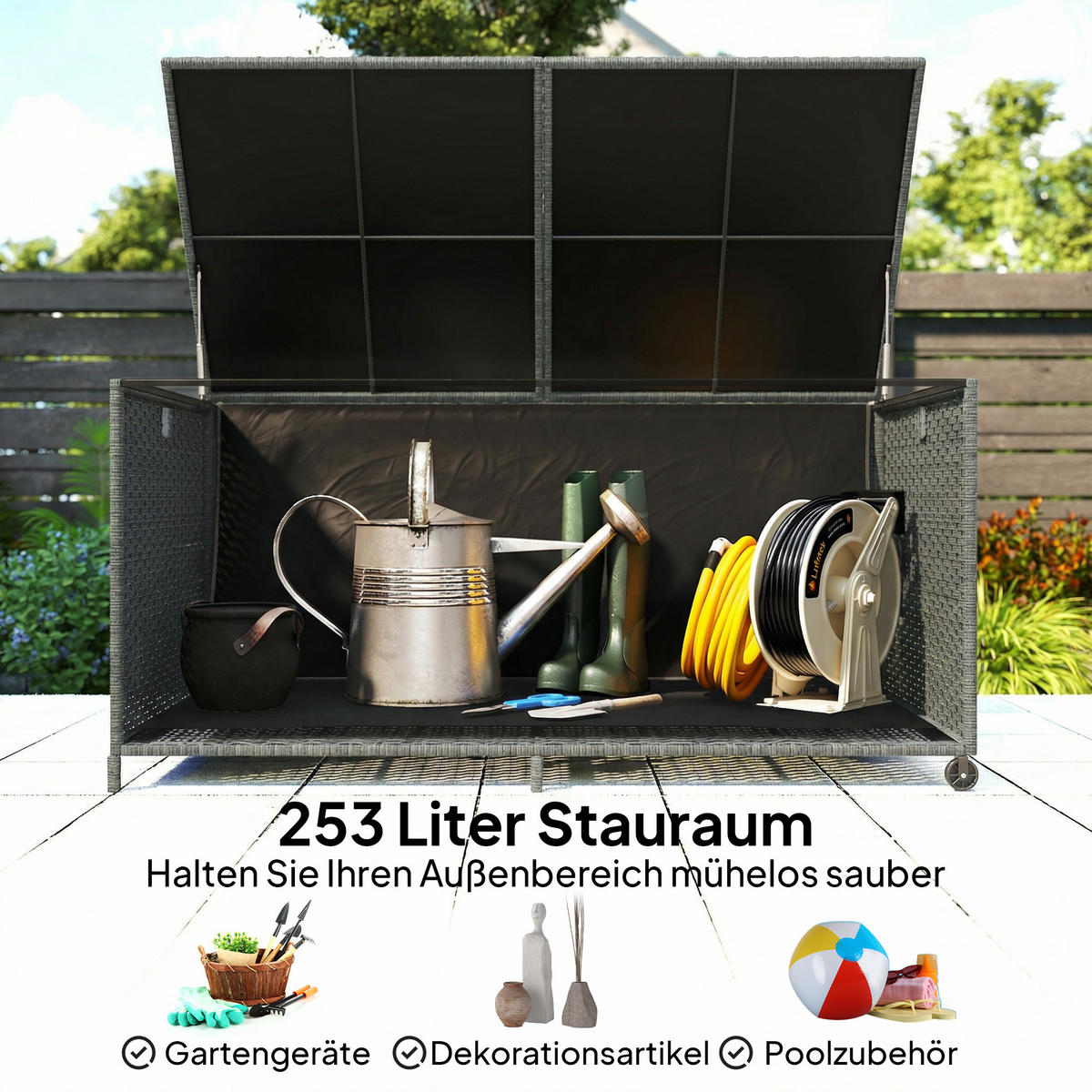 GARTENBOX PE-Rattan Stahl Dunkelgrau - Dunkelgrau, Kunststoff (75/74/150cm) - Outsunny
