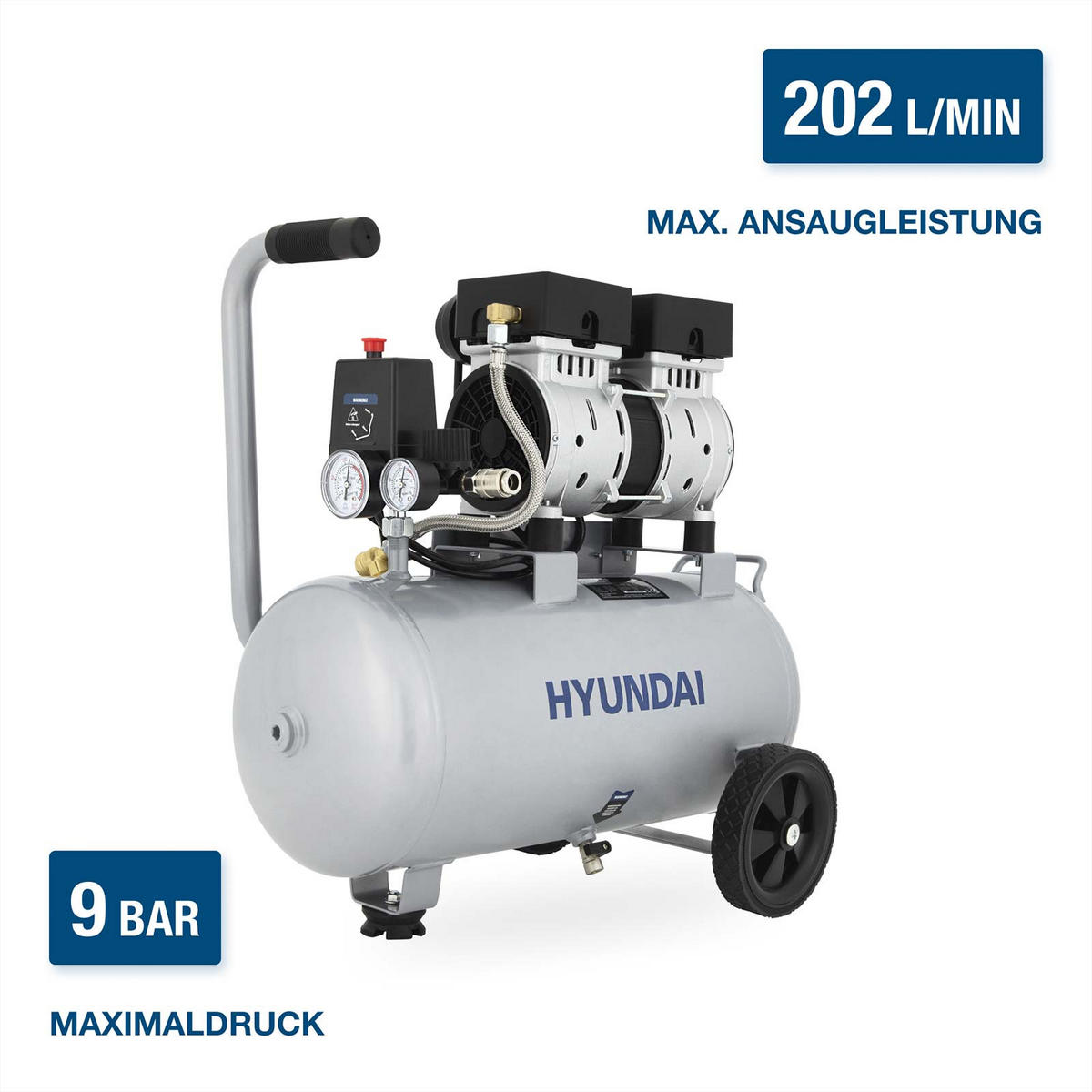 SILENT Kompressor SAC15024 (Druckluftkompressor leise, ölfrei, Flüsterkompressor, 67dB, 24L Kessel, 9bar, 1.5kW, 202L/Min) - Silberfarben, Metall (55/33/56cm) - HYUNDAI