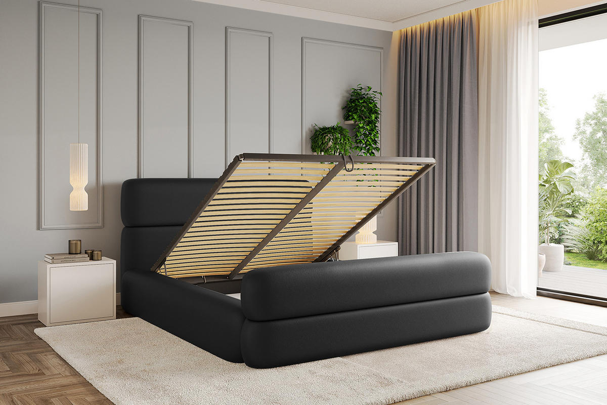 POLSTERBETT mit Bettkasten, Fußteil und Lattenrost, Boxbett mit Matratze H3/H4 - ENORA-Z 180x200 Schwarz Kunstleder - Schwarz Hochglanz, Holzwerkstoff/Textil (180/200cm) - ALTDECOR