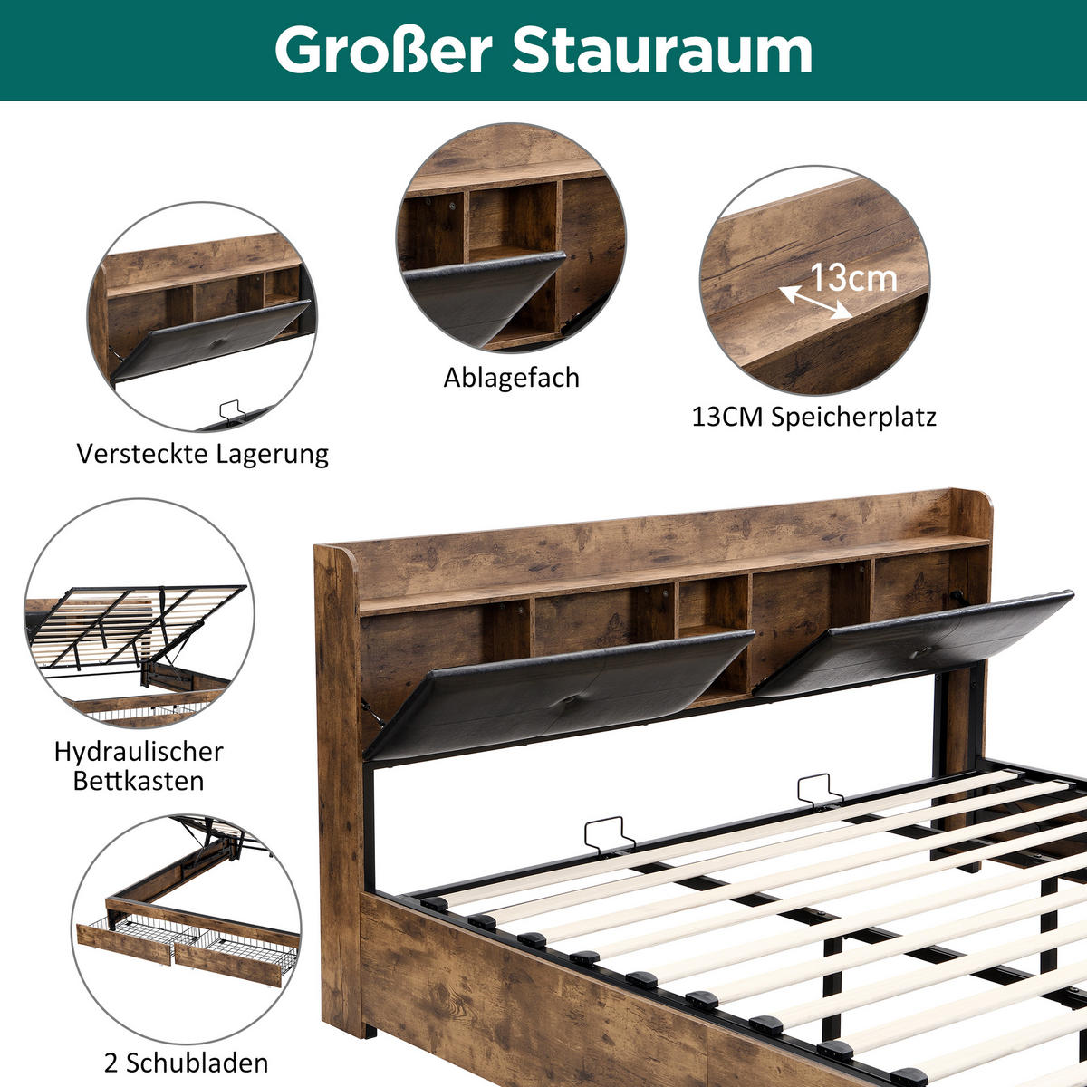 METALLBETT 180x200, hydraulisch, Kopfteil Stauraum, Lattenrost, Schwarz - Naturfarben, Holzwerkstoff (180/200cm)