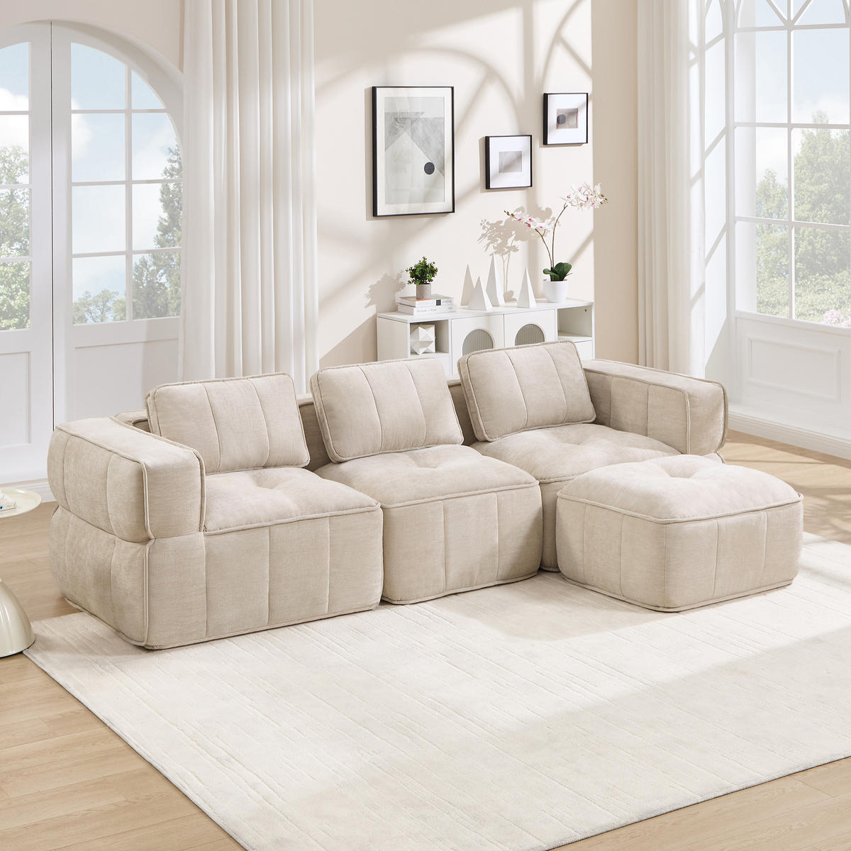 ECKSOFA DE-34428 L-Form mit Hocker und 32D-Schaum Beige - Beige, Textil (162/271cm) - ComfortXL