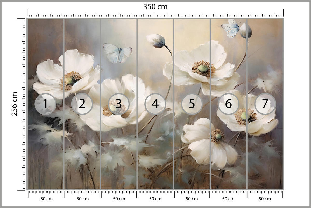 FOTOTAPETE für Schlafzimmer Abstrakte Weiße Mohnblumen Schmetterlinge Aquarell 350x256 - Beige/Braun, Papier (350/256cm) - Muralo