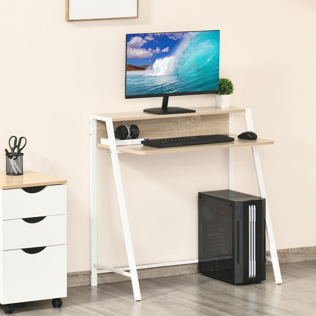 SCHREIBTISCH, MDF, Eisen, Weiß+Eiche - Weiß, Kunststoff (84/45/85cm) - HOMCOM
