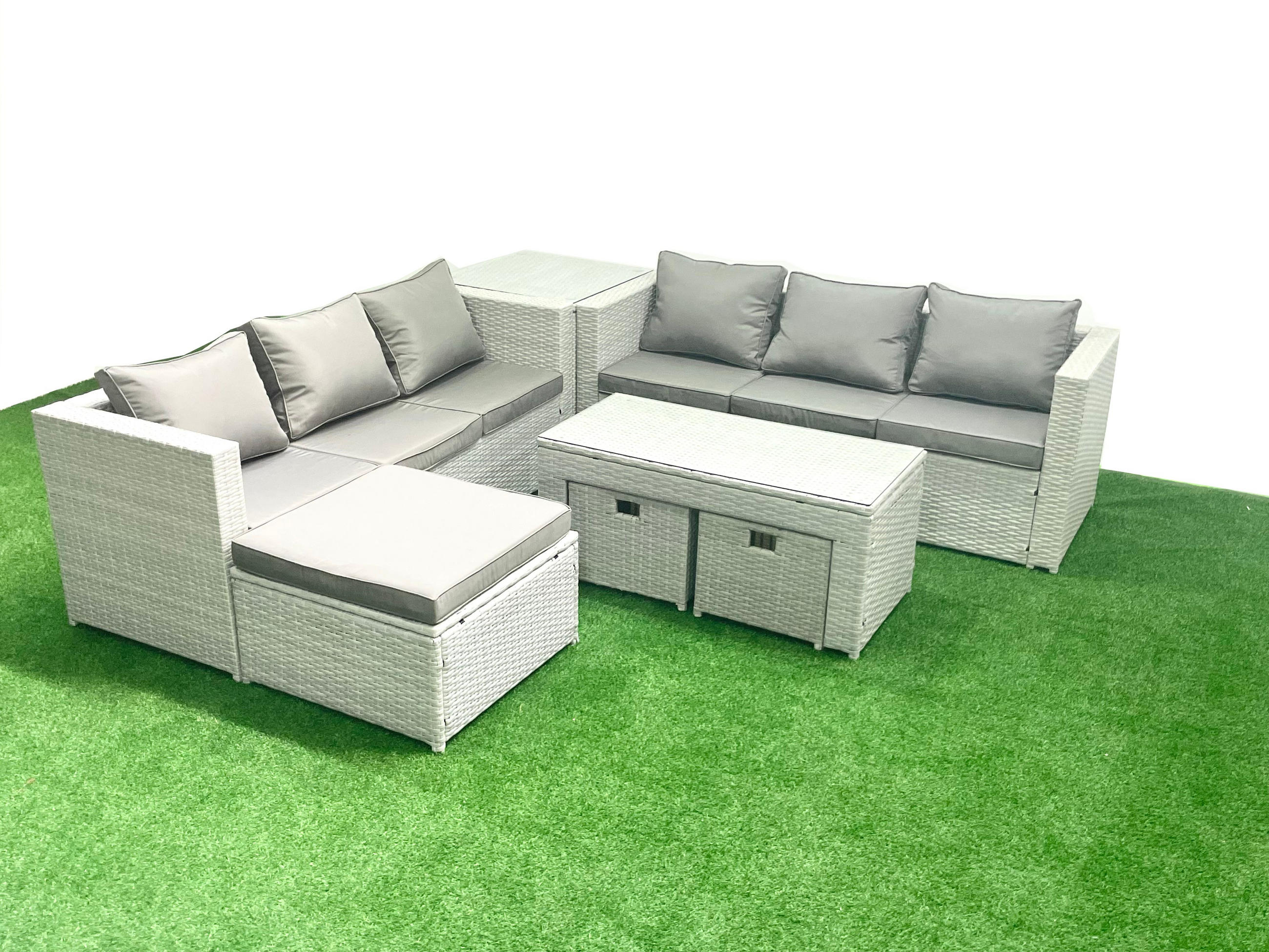 GARTENSOFA hohe Rückenlehne Polyrattan Hellgrau-Mix 9-Sitzer - Hellgrau/Grau, Glas/Kunststoff - Fimous