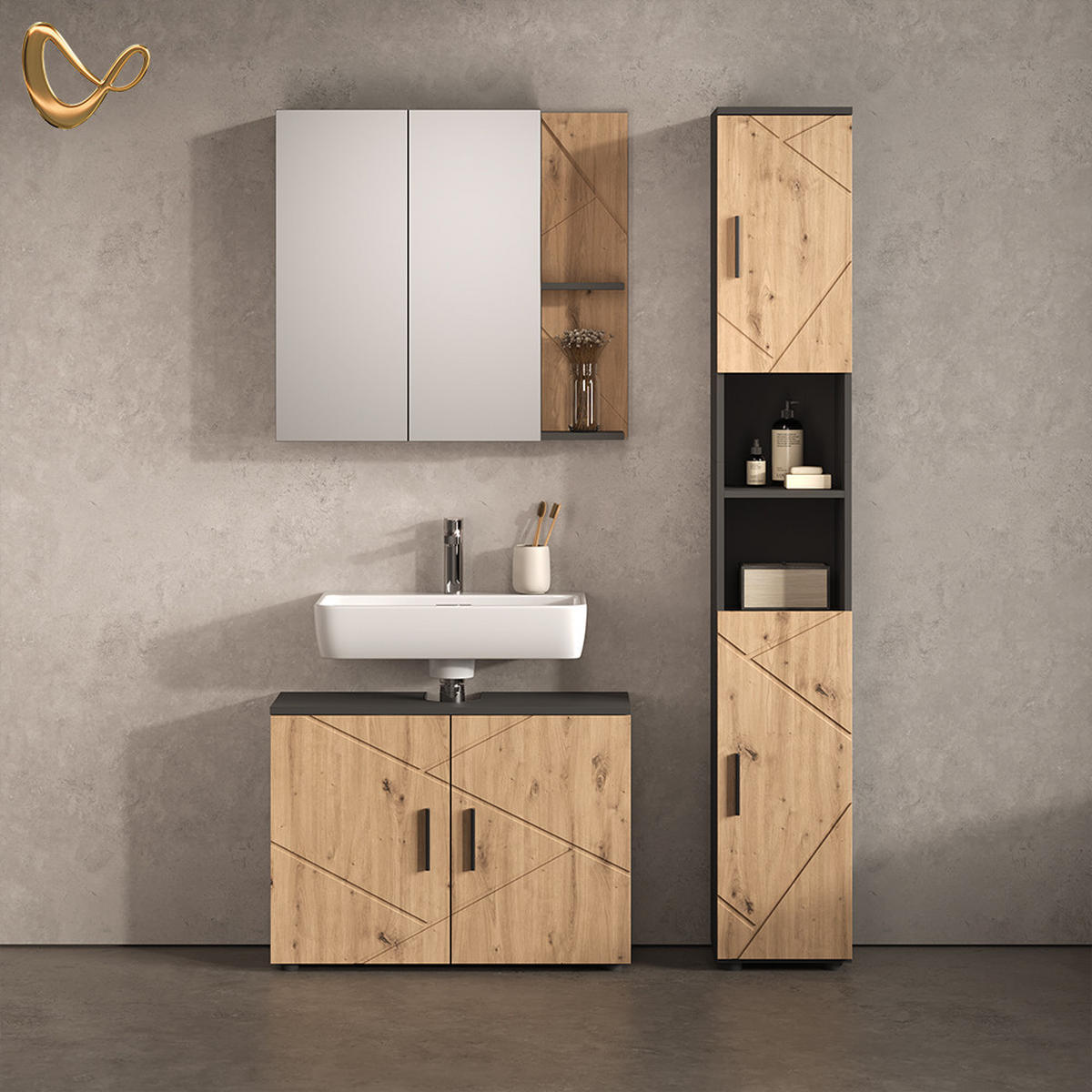BADMÖBEL-SET Ronco, Anthrazit/Artisan-Eiche, 3-teilig - Anthrazit/Eiche Artisan, Holzwerkstoff (80/59/30cm) - Livinity®