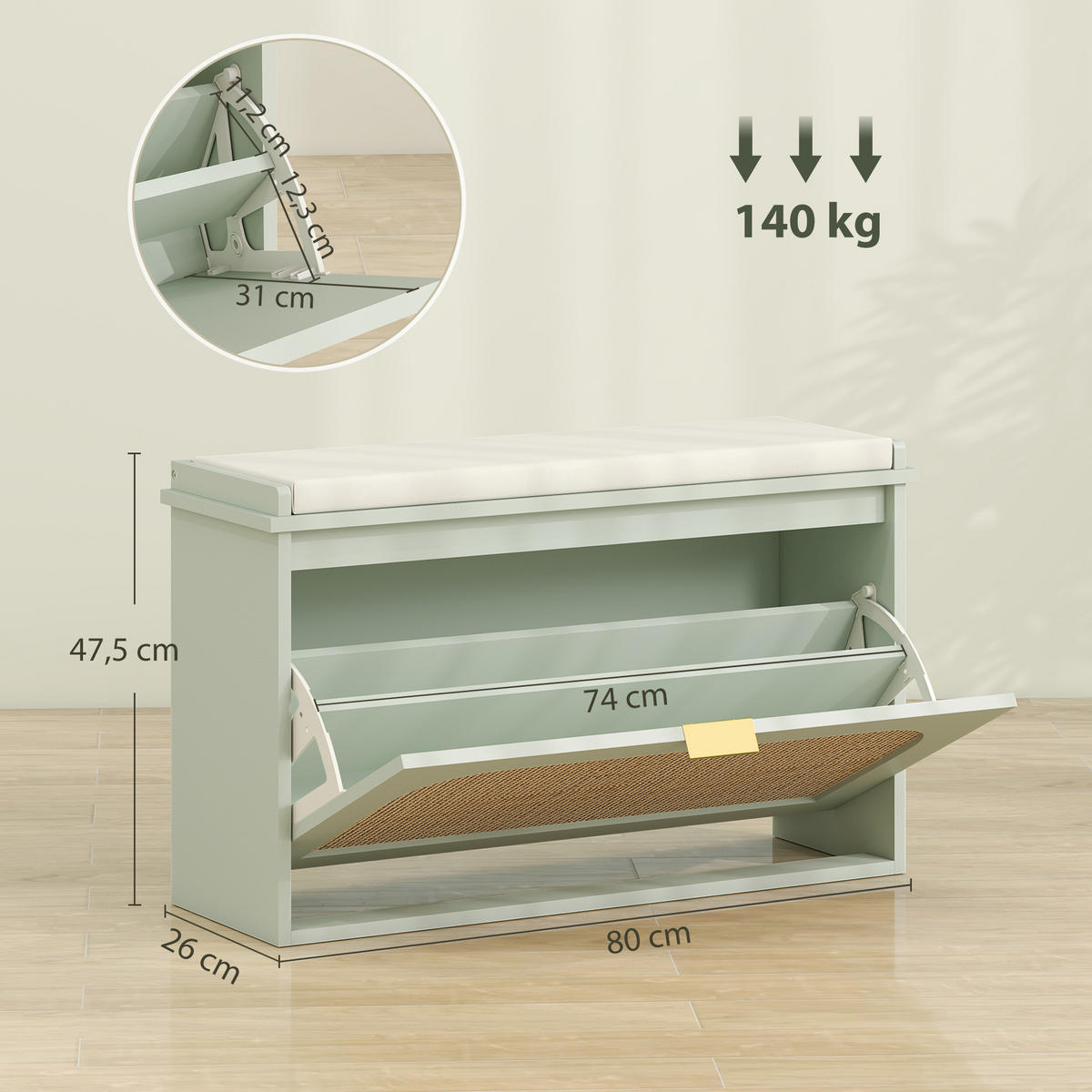 SCHUHBANK Grün 80/26/47,5 cm - Grün, Holzwerkstoff (80/47.5/26cm) - PANGIVO