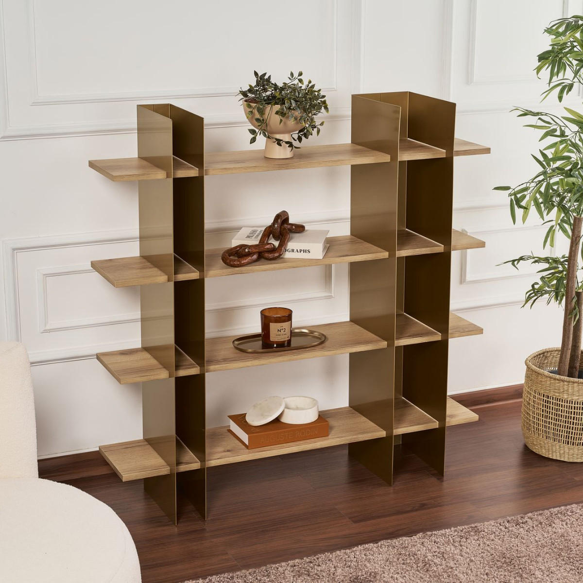 REGAL mit metallstruktur und regalböden in eichenoptik 31/120/120 cm - Goldfarben, Metall (124/120/31cm) - Calicosy