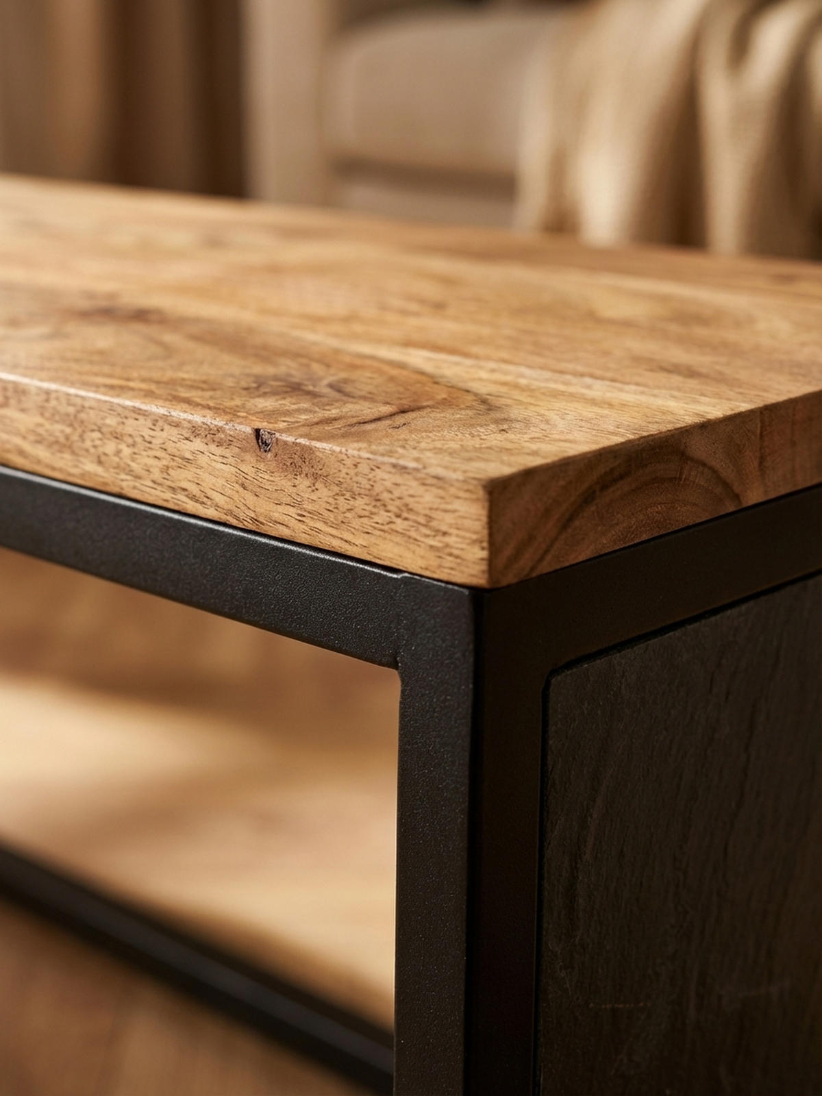 SITZBANK – Akazie Massivholz/Steinoptik, 120x45x35 cm, Metallgestell - Schwarz/Braun, Holz/Metall (120/45/35cm) - KADIMA DESIGN