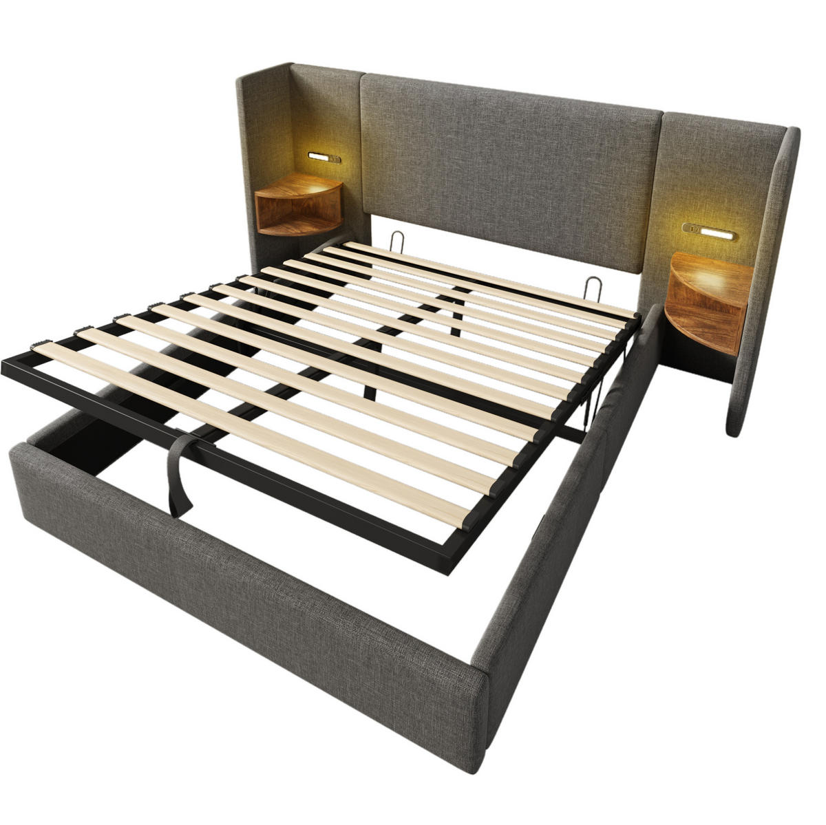 POLSTERBETT 160/200 cm Grau mit Nachttisch und USB-Ladefunktion - Grau, Textil (160/200cm) - OKWISH