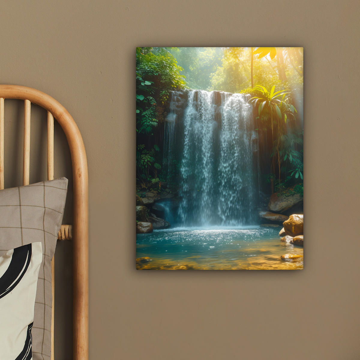 LEINWANDBILD Wasserfall - Dschungel - Sonne - Grün - Natur 30x40 cm - Grün, Textil (30/40cm) - MuchoWow