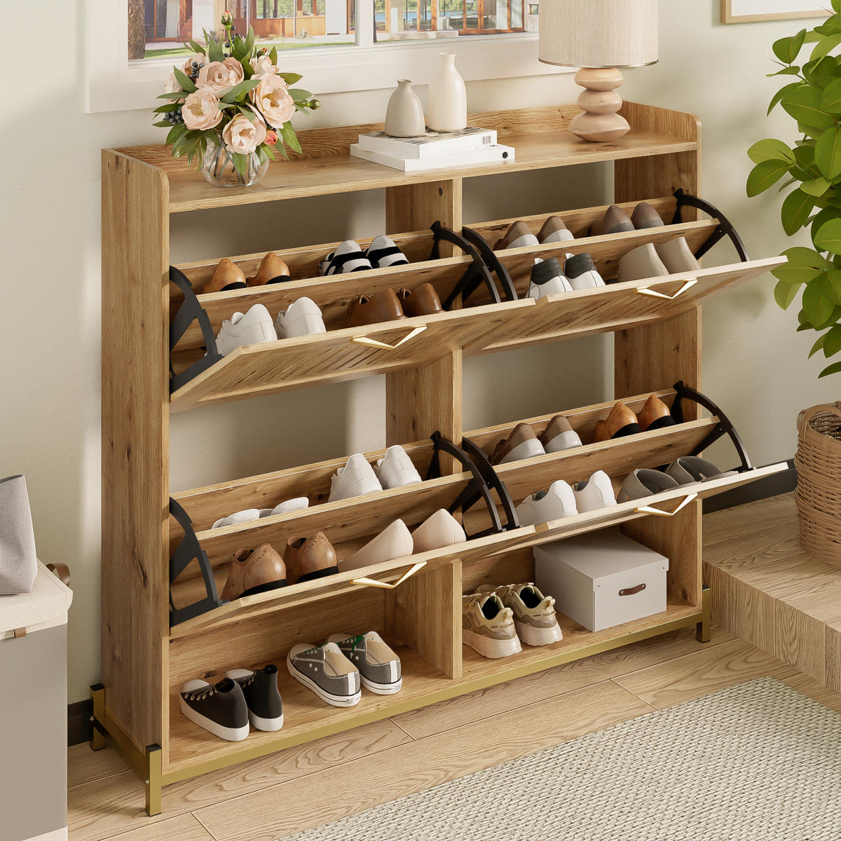 SCHUHSCHRANK in Holzoptik mit 4 Klappen, Schuhkommode für Flur und Schlafzimmer - Naturfarben, Holz (108/100/24cm) - PARAFTA HOME