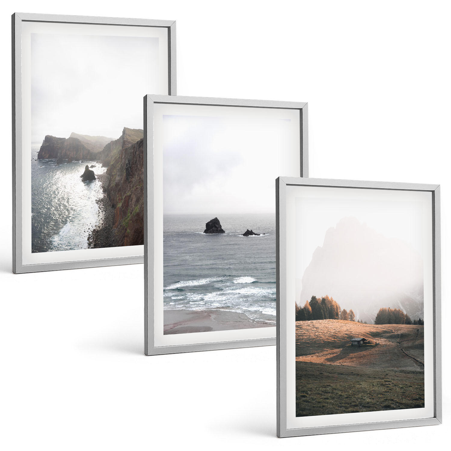 BILDER SET 3er Set - 40x60 cm Silberner Rahmen - Landschaften aus Bergen und Meer - Silberfarben, Kunststoff (40/60cm) - TULUP