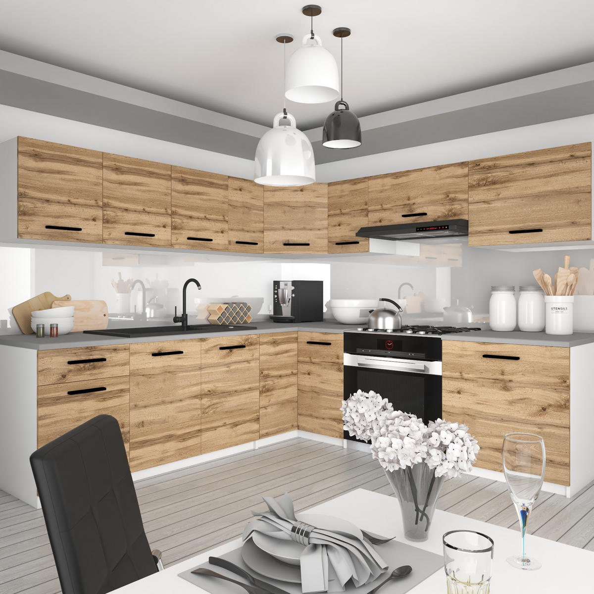 KÜCHENZEILE Italia 7 420 cm , mit Arbeitsplatten, Goldbraun - Braun, Holz (420/143/60cm) - B BELINI GROUP