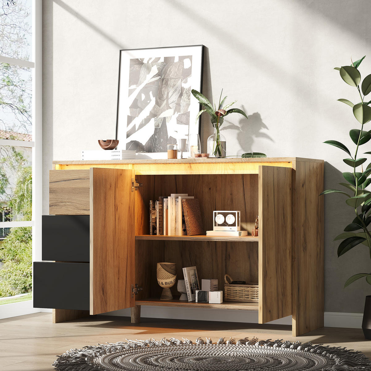 SIDEBOARD 120/40/76 cm mit 2 Türen, 3 Schubladen und LED-Beleuchtung - Schwarz, Holzwerkstoff (120/76/40cm) - BEAOK