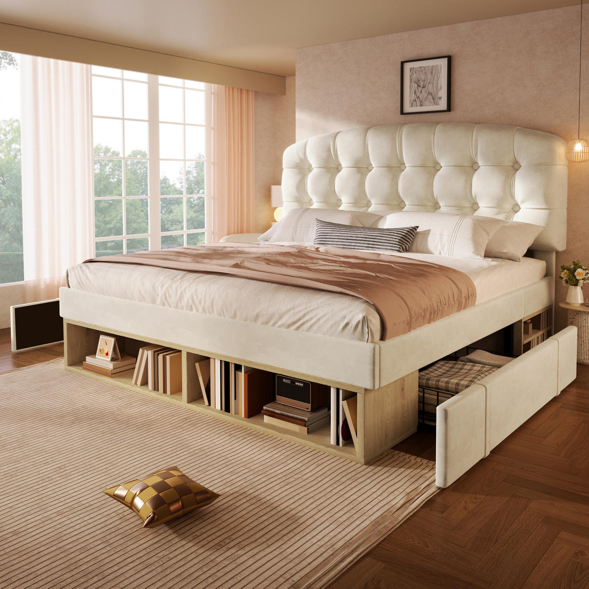 POLSTERBETT 140/190 cm Beige aus Samt mit Schubladen - Beige, Textil (140/190cm) - OKMYHOME