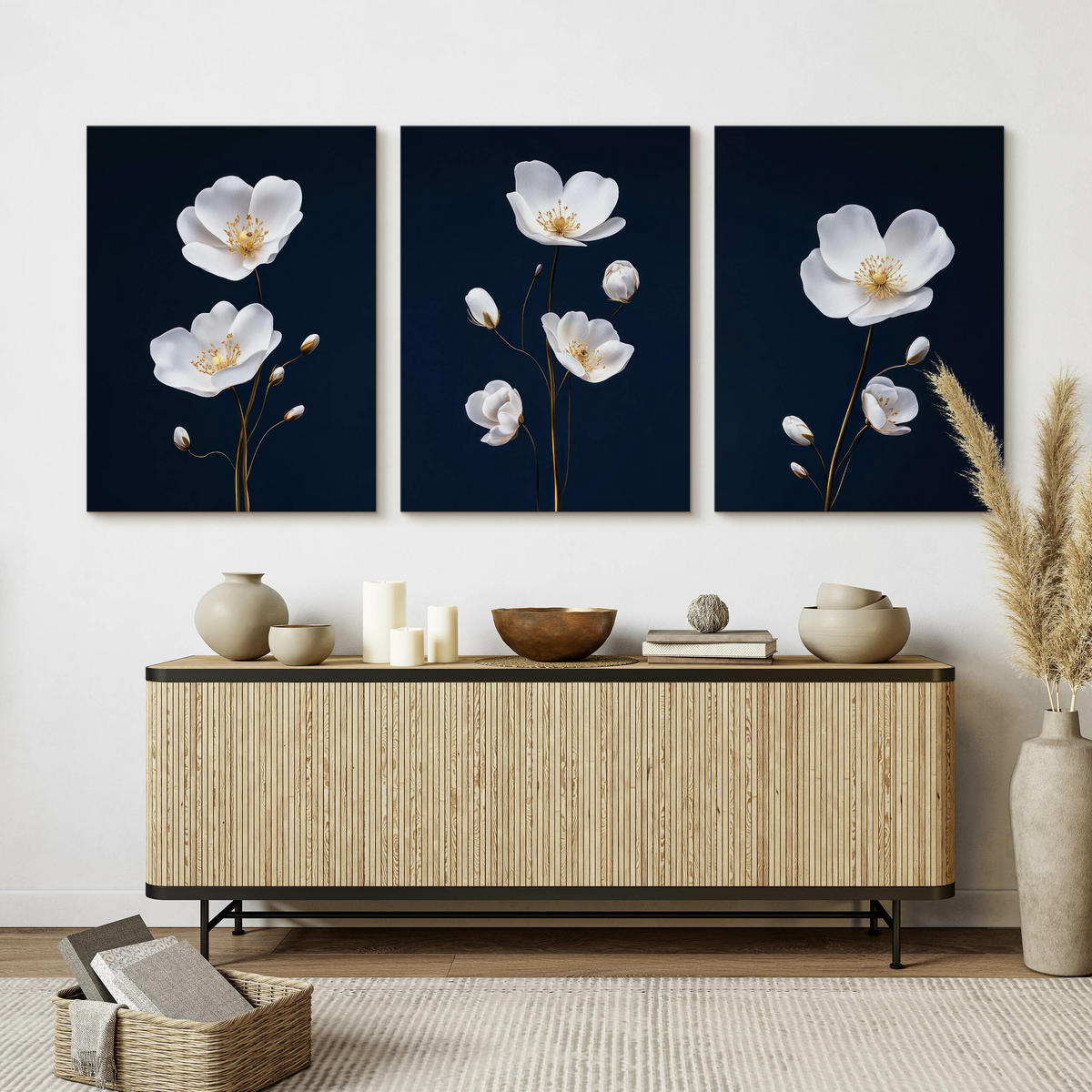 LEINWANDBILDER 3-es Set Feldblumen Natur - Blau/Beige, Textil (90/40cm) - Muralo