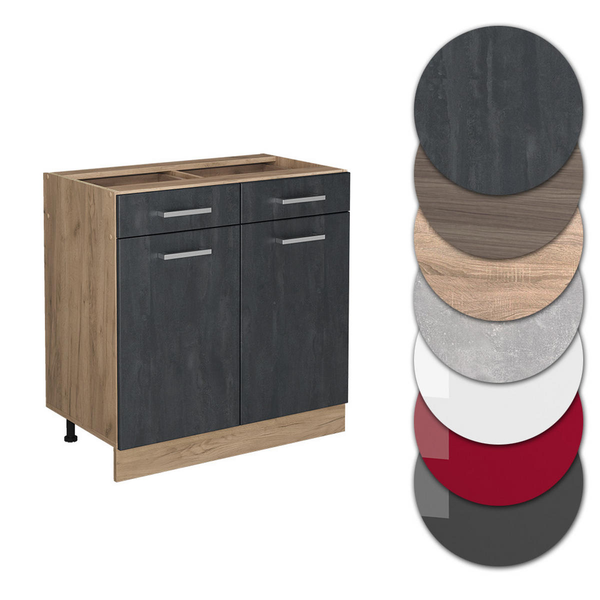 KÜCHENUNTERSCHRANK R-Line Schwarz Beton 80 cm AP Eiche - Honigeiche/Eiche Wotan, Holzwerkstoff (80/81.6/60cm) - Vicco