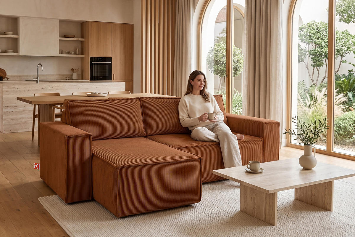 ECKSOFA-LINKS/RECHTS NAPI Schlaffunktion mit Cordbezug, rot - Schwarz/Orange, Textil (262/148cm) - KONSIMO®