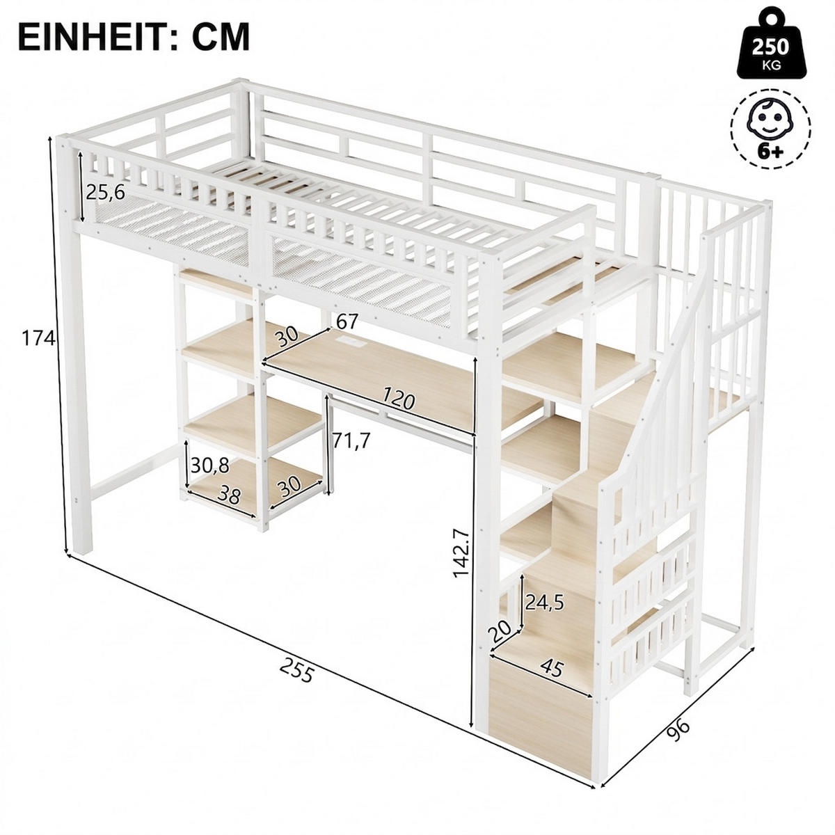 HOCHBETT 90/200 cm Weiß mit Stauraumtreppe, Schreibtisch und LED-Lichtleisten - Weiß, Metall (90/200cm) - Oxeza