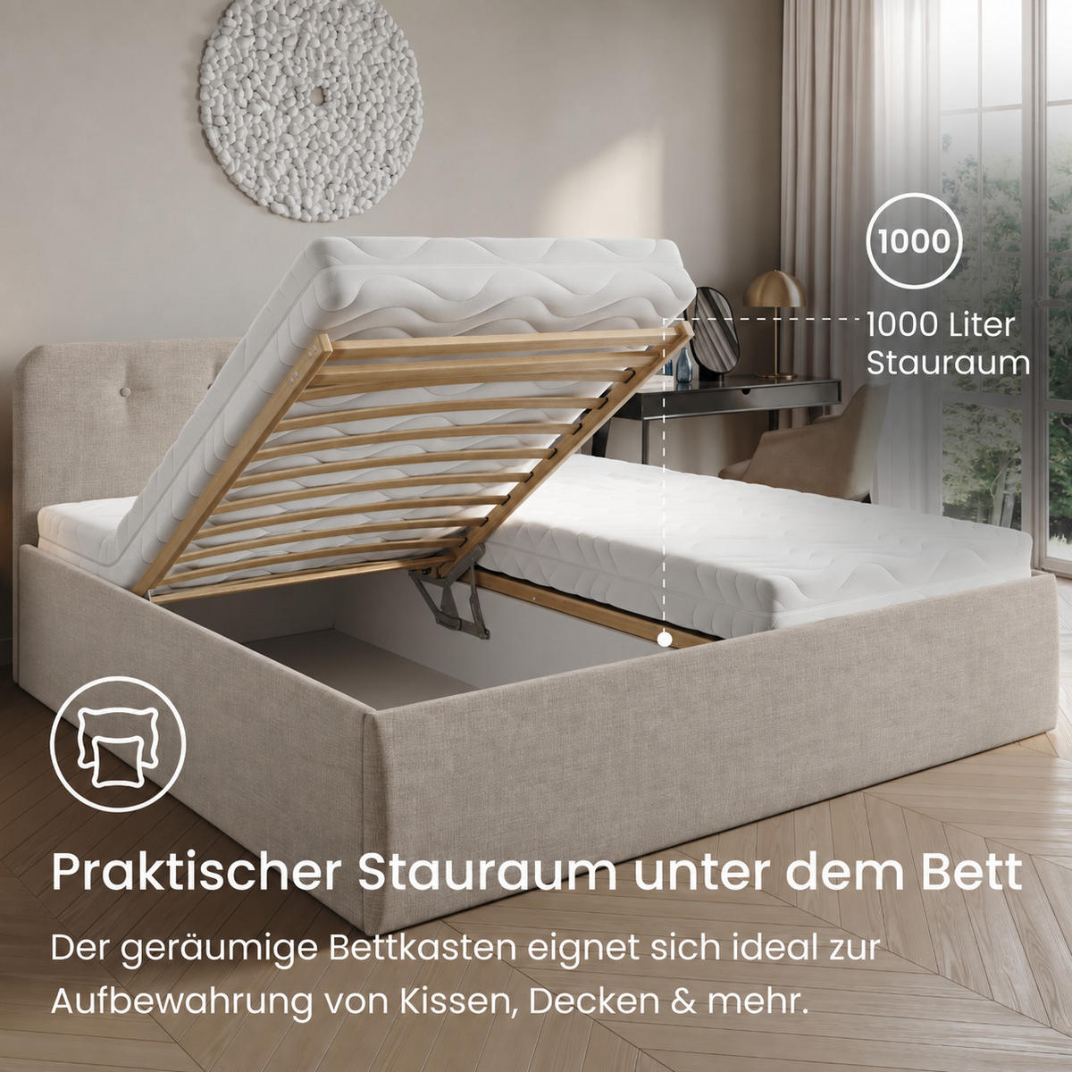 POLSTERBETT mit verstellbarem Lattenrost & Bettkasten, Kaltschaummatratze, 200 x 200 cm in Creme - Creme, Holzwerkstoff/Textil (200/200cm) - Home Collective