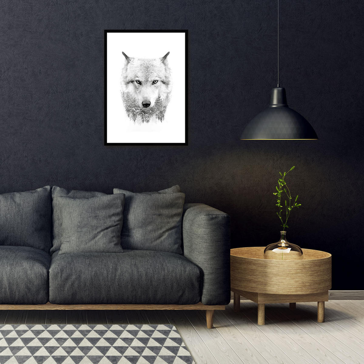 POSTER mit Rahmen 50x70 cm Wolf Schwarz-Weiß - Weiß, Holz (51/71cm) - artissimo