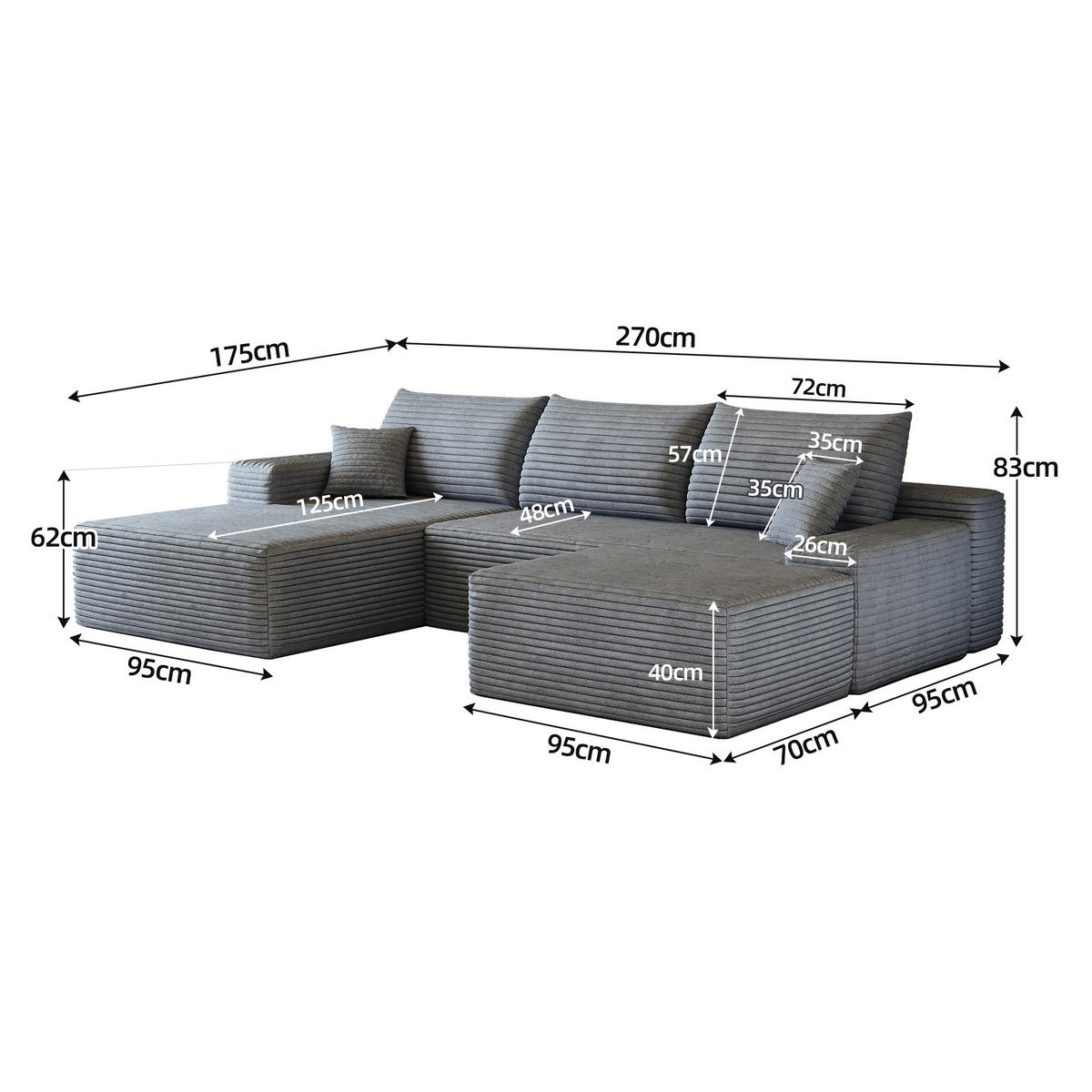 WOHNLANDSCHAFT DE-34857 U-Form 2-Sitzer Chaiselongue links Grau - Grau, Textil (175/83/270cm) - ComfortXL
