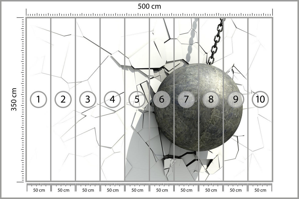 FOTOTAPETE für Büro Metallkugel Riss Weiße Wand 500x350 - Weiß/Grau, Papier (500/350cm) - Muralo