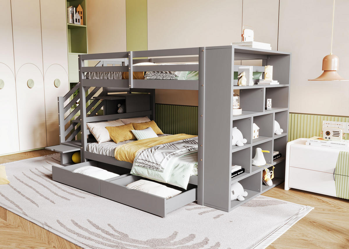 ETAGENBETT 90x200 cm Treppe Schubladen grau - Grau, Holz (90/200cm) - LEBENLANG