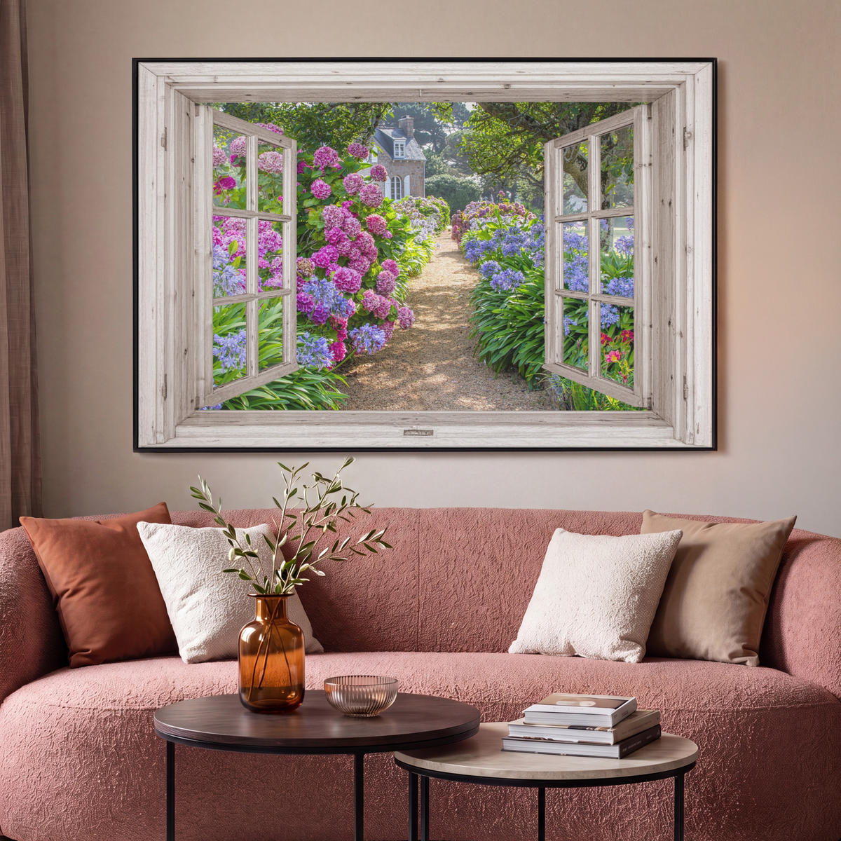 LEINWAND Bilder mit Rahmen - Hortensie - Durchsichtig - Blumen - Sommer - Lila - Weg - 120x80 - Lila, Textil (120/80cm) - MuchoWow