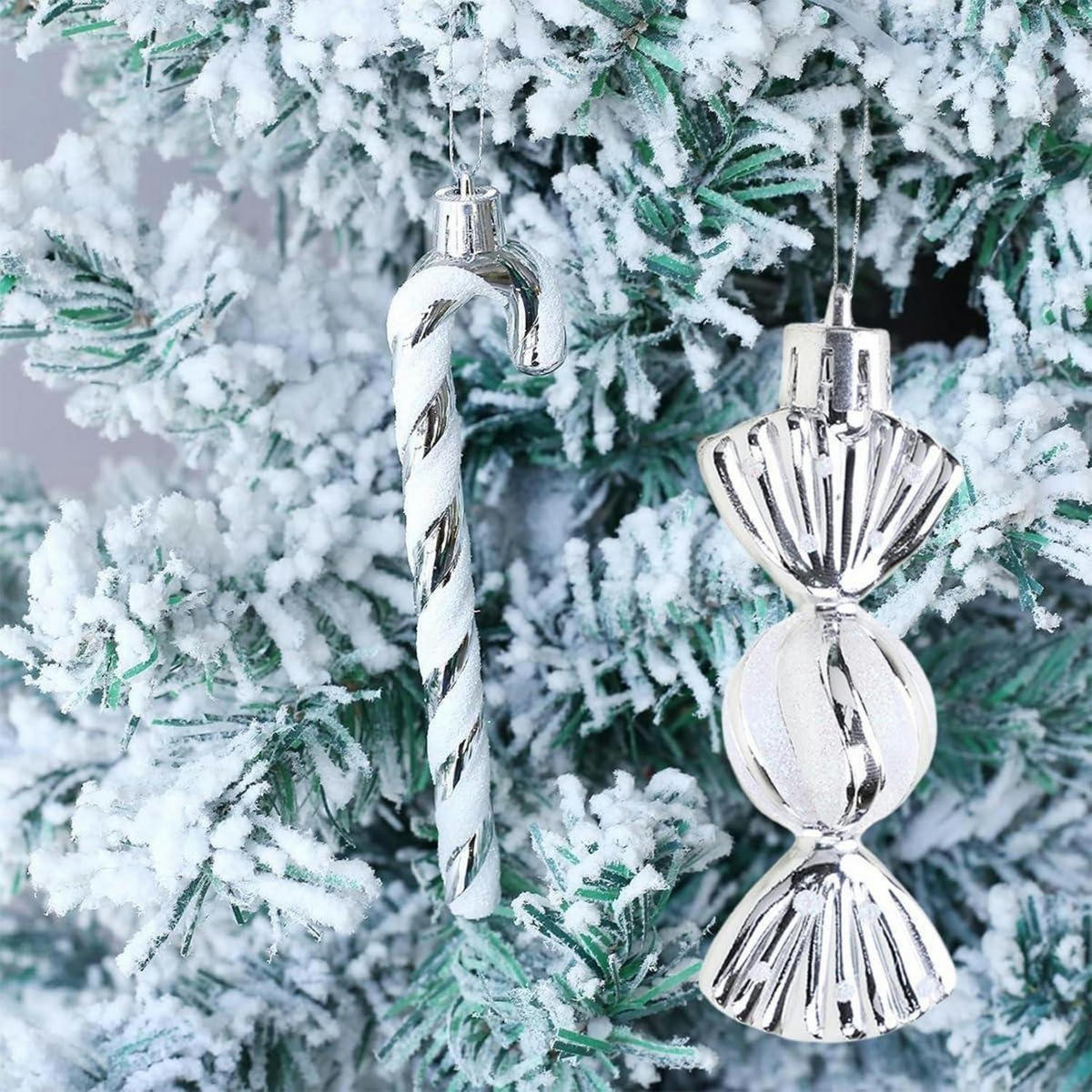 WEIHNACHTSBAUMSCHMUCK 18-teiliges Set Zuckerstangen & Kugeln Silber Weiß - Silberfarben, Kunststoff (5/3/14cm)