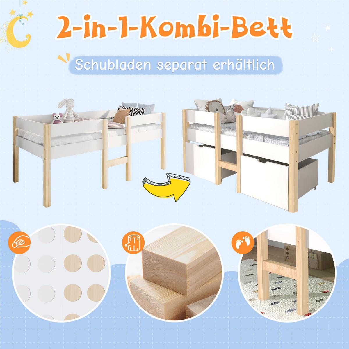 HOCHBETT 90/200 cm in Weiß Kinderbett mit 2 Schubladen und Rausfallschutz - Weiß/Naturfarben, Holzwerkstoff (90/200cm) - STILVORA